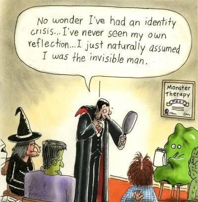 cartoon of dracula at Monster Therapy, looking into a mirror for the first time